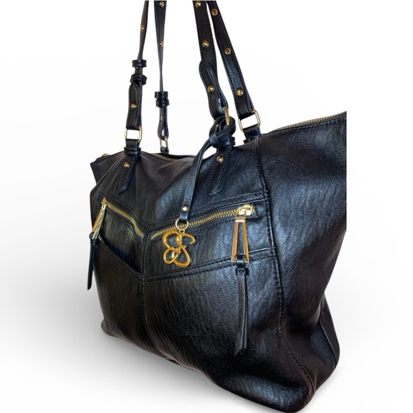 JESSICA SIMPSON Shoulder Bag Handbag Faux Vegan Leather Signature Bag Black Gold - Picture 2 of 7